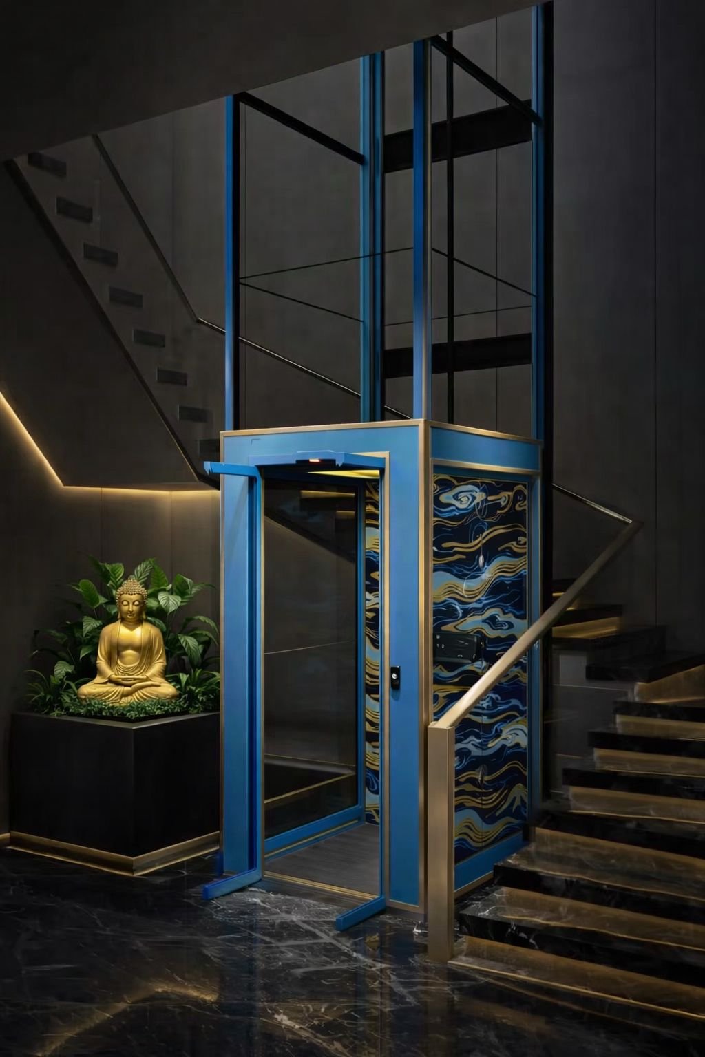 Custom Blue and Gold Architectural Cabin Interior