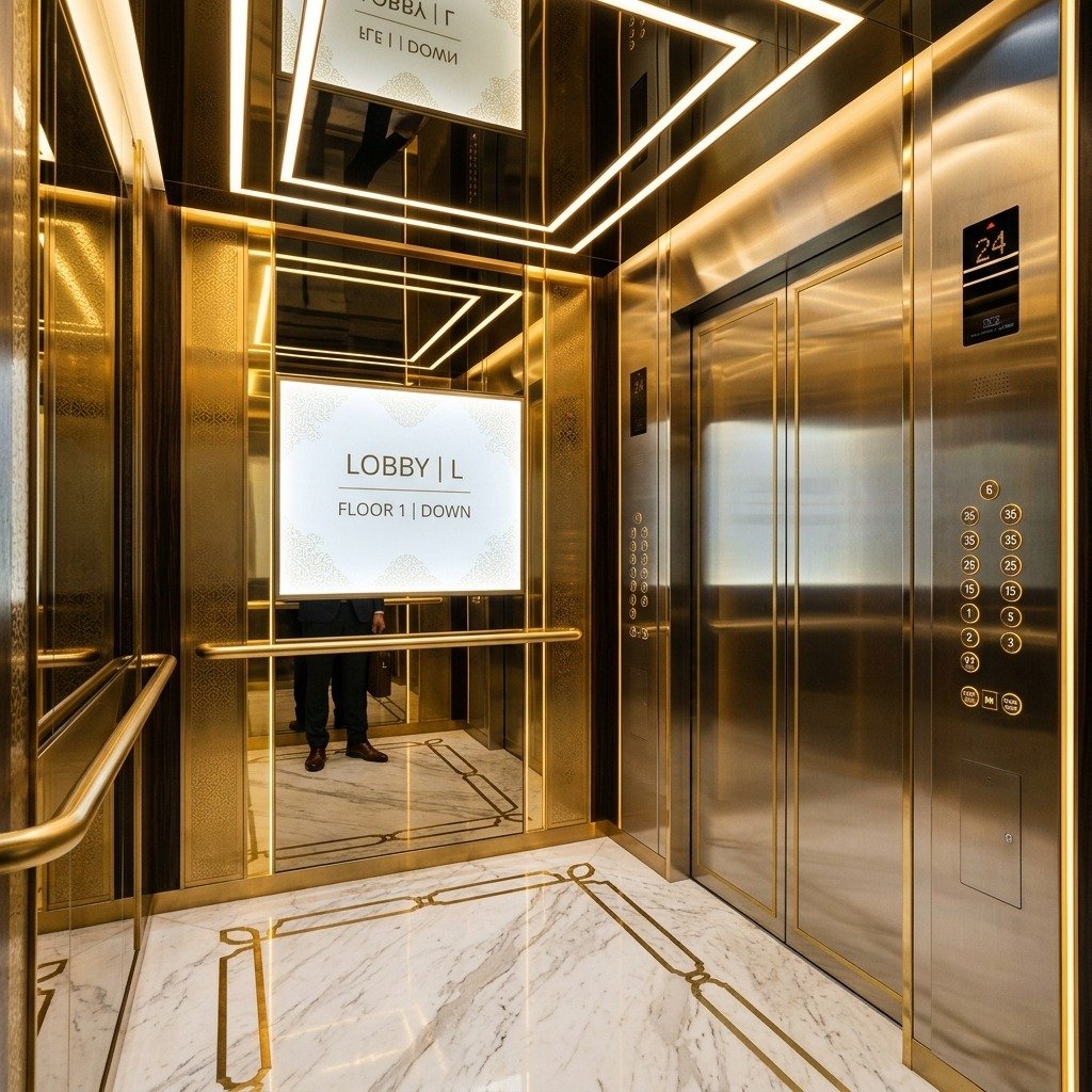 Luxury Gold and White Marble Elevator Cab